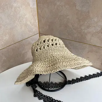 Nye Sun Hat til Kvinder Åndbar Blonder Hule Håndlavet Strå Hat Sammenklappelig Sommer Hat Wide Brim Anti-UV Strand Hat Kvindelige Chapeau