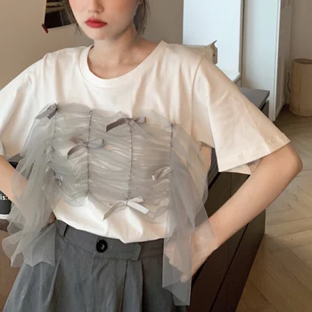 Nye Tees Damer Mesh Patchwork Bue Toppe om Sommeren Sød Stil, dametøj, T-Shirts Løs Ins koreansk Modetøj Kvindelige