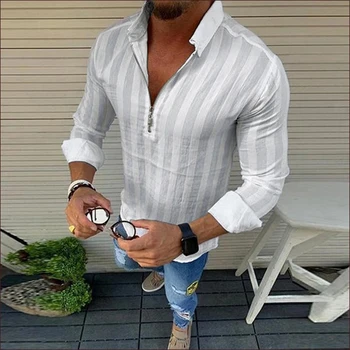 Nye Trendy Shirt ensfarvet Lynlås Mode Mænds Slim Fit V-Neck langærmet Muskel Løs Bluse Casual Bluser-Knappen