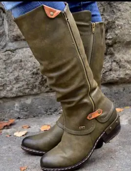 Nye Vintage Kvinder Western Støvler Vinter Spids Tå Lange Rør Ridder Boot Kvindelige Knæ-Høj Hæl Sko Brede Kalv Rom Botas