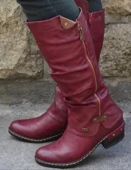 Nye Vintage Kvinder Western Støvler Vinter Spids Tå Lange Rør Ridder Boot Kvindelige Knæ-Høj Hæl Sko Brede Kalv Rom Botas
