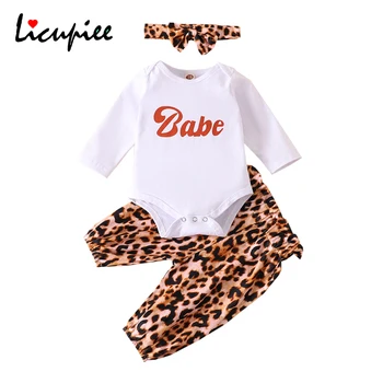 Nyfødt Baby, Dreng, Pige langærmet Bomulds Heldragt, Toppe Leopard Lange Bukser Hovedbøjle 3stk Baby Tøj Sæt 0-24 Måneder