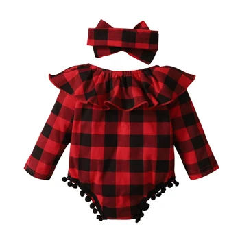 Nyfødte Baby Piger i To stykke Tøj, Plaid Trykt Mønster med Lange Ærmer Sparkedragt og Hovedklæde, Hvid/ Rød 0-18M