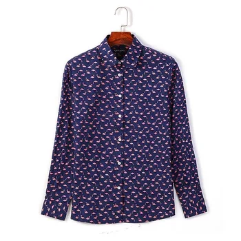 Nyt Design Turn-Down Krave Bluse med Lange Ærmer Print Casual Kvinders Shirt Dropshipping 5XL