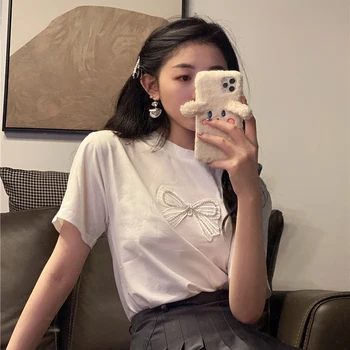 O-hals t-Shirts Kvinder Tøj Sommeren Bue Kort Ærme T-Shirts Kvindelige koreanske Kausale Sød Stil Løs Damer Toppe, Mode Brand Nye