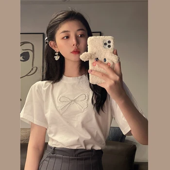 O-hals t-Shirts Kvinder Tøj Sommeren Bue Kort Ærme T-Shirts Kvindelige koreanske Kausale Sød Stil Løs Damer Toppe, Mode Brand Nye