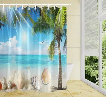 Ocean Seaside Beach Badeforhæng Tropiske Hav Øen Palm Tree Blade Resort Badeværelse Indretning Polyester Stof Badeforhæng