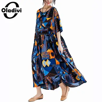 Oladivi Oversize Overdimensionerede Kvinder Mode Print Casual Løs Bomuld Kjole Damer Boheme Lange Maxi-Kjoler, Tunika Styles Vestido