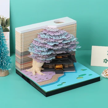 Omoshiroi Blok 3D Memo Pad Diy blomsterklaser Ægteskab Tree House-Modellen Notesblok Led Lys bryllupsgave Bruser Tilbehør til Indretning