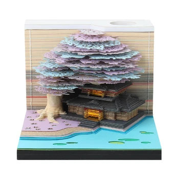 Omoshiroi Blok 3D Memo Pad Diy blomsterklaser Ægteskab Tree House-Modellen Notesblok Led Lys bryllupsgave Bruser Tilbehør til Indretning