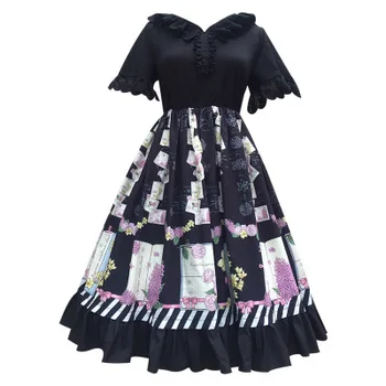 OP Gothic Lolita Kjole Vintage Court Prinsesse Cosplay Kostume Søde Pige Pink Udskrivning Kawaii Blonder Falbala V-hals Kjole