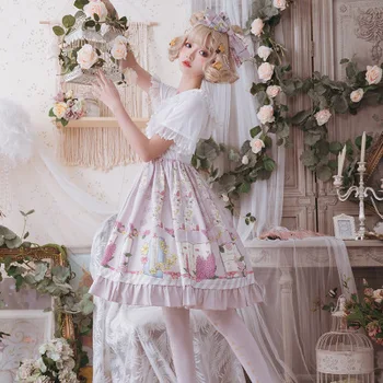 OP Gothic Lolita Kjole Vintage Court Prinsesse Cosplay Kostume Søde Pige Pink Udskrivning Kawaii Blonder Falbala V-hals Kjole