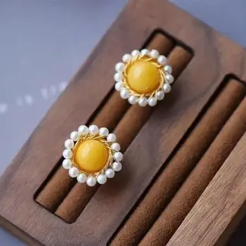 Oprindelige design porcelæn emalje gul honning voks Øreringe i Kinesisk stil retro kreative pearl elegant sølv smykker