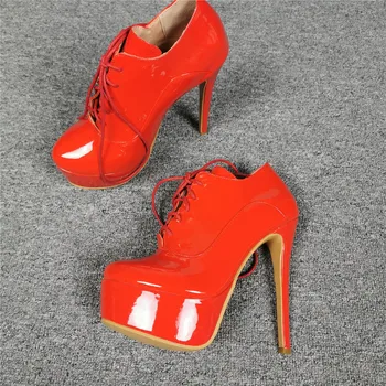 Oprindelige Hensigt Nye Stilfulde Patent Læder Ankle Støvler Kvinde Sort Rød Høj Platform på Tværs bundet Rund Tå Tynde Høje Hæle