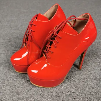 Oprindelige Hensigt Nye Stilfulde Patent Læder Ankle Støvler Kvinde Sort Rød Høj Platform på Tværs bundet Rund Tå Tynde Høje Hæle
