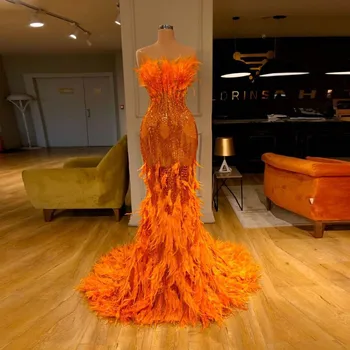 Orange Fjer Havfrue Prom Kjoler Sexet Stropløs Sprudlende Aften Kjoler 2021 Nye Design Formel Part Kjole Robe De Soiree