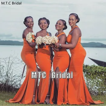 Orange Mermaid Ene Skulder Brudepige Kjoler Side Slids Lang Bryllup Part Kjole Til Brudepige Bedste Afrikanske Kvinder Kjoler