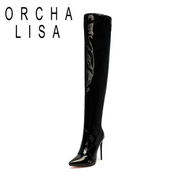 ORCHA LISA Kvinder Over Knæet Støvler Spids Tå 12,5 cm Høje Tynde Hæle Patent Læder Lynlås Sexet Fest Stilfulde Stor Størrelse 36-47 C2198