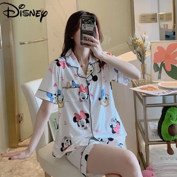 Original Disney Minnie, Mickey Peter Plys Donald Duck Mælk Silke Pyjamas Kvinder Short Sleeve stripes Cardigan Løs Home Service Sæt