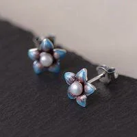 Originale designer håndværk brændt blå emalje porcelæn perle øreringe udsøgt retro charme kvinders sølv smykker