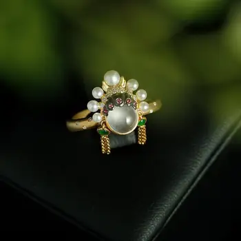 Originale nye og naturlige kalcedon æg runde åbning justerbar ring retro lys luksus charme dame brand sølv smykker