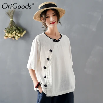 OriGoods Kinesisk stil Bluse Kvinder 2020 Nye Sommer Bluse Solid Gul Rød Hvid Bluse Vintage Linned Skjorte Bluse Toppe C313