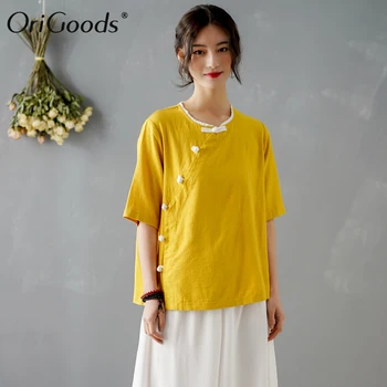 OriGoods Kinesisk stil Bluse Kvinder 2020 Nye Sommer Bluse Solid Gul Rød Hvid Bluse Vintage Linned Skjorte Bluse Toppe C313