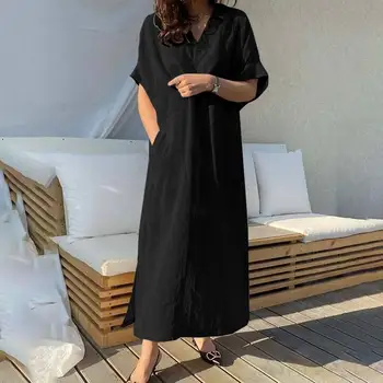 Oversize Kvinders Solid Sundress 2021 ZANZEA Elegant Sommer Skjorte Kjole Afslappet Korte Ærmer Maxi Vestidos Kvindelige Split Robe Femme