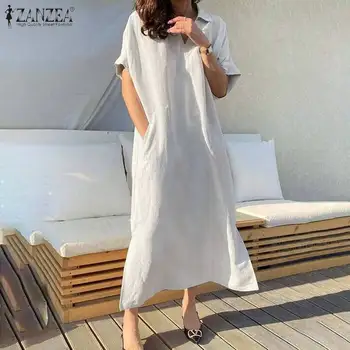 Oversize Kvinders Solid Sundress 2021 ZANZEA Elegant Sommer Skjorte Kjole Afslappet Korte Ærmer Maxi Vestidos Kvindelige Split Robe Femme