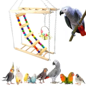 Papegøjer Stiger Hængende Farve Swing Stå Træ Perler Klokker Fuglebur Spil Kreative Papegøje Leverer Legetøj Tilbehør