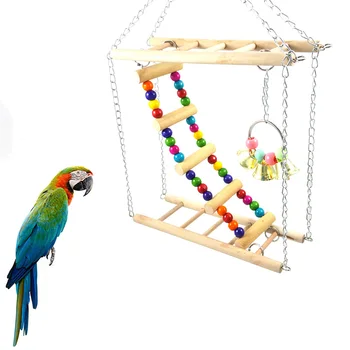 Papegøjer Stiger Hængende Farve Swing Stå Træ Perler Klokker Fuglebur Spil Kreative Papegøje Leverer Legetøj Tilbehør