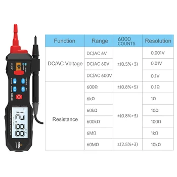 Pen Type Digital Multimeter 6000 Tæller NCV Multi-Tester Måling af DC/AC Spænding Modstand Kontinuitet Nul/Live Wire Test