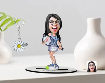 Personlig Women 'S Tennis Spiller Karikatur AF 3D-Træ-nipsting Og Er Sølv Daisy Anahtarlık-1