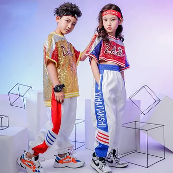 Piger Hip Hop Afgrøde Paillet T-shirt til Drenge Jazz Jogger Bukser Kids-kortærmet Sweatshirt Street Dance Sæt Barn Kostume Streetwear