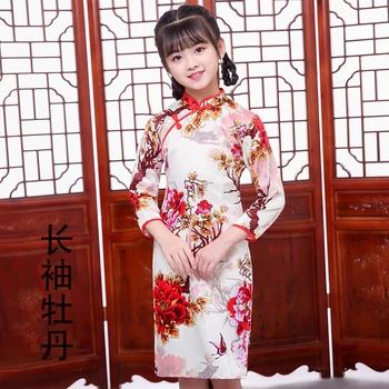 Piger Kinesiske kjole nye år part qipao cheongsam Lange ærmer Foråret Traditionelle kjoler