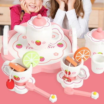 Piger Legetøj Simulere Køkken I Træ Legetøj Værktøjer Barn Tidlig Uddannelse Puslespil Service Gave Pink Te Sæt Play House Pædagogisk Legetøj