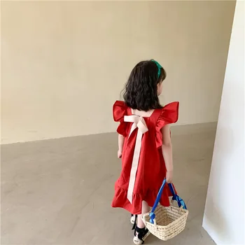 Piger' Rødt Tøj 2021 Nye koreanske Børn Pjusket Butterfly Lace-up Fremmed Prinsesse Kjole