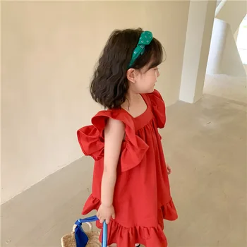 Piger' Rødt Tøj 2021 Nye koreanske Børn Pjusket Butterfly Lace-up Fremmed Prinsesse Kjole