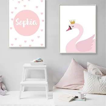 Pink Bud Swan Tegnefilm Plakat Print På Lærred Vægmaleri Nordisk Minimalistisk Stil Art Mønster Modulære Stue Baby Pige Soveværelse
