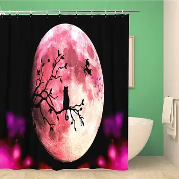 Pink Halloween Heks og Kat Silhuet Moon Shadow Dyr Bad Gardin Sæt med Kroge