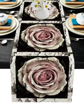Pink Rose Blomst, Træ-Ramme Bordløber Bryllup Tabel Dekoration Spisebord Indretning Dækkeserviet Jul Indretning Dug