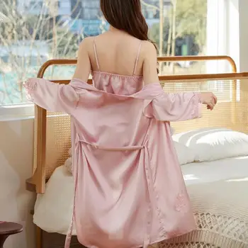 Pj ' s Satin Fuld Slip-Blonder Pyjamas Pour Femme Hjem Tøj til Kvinder Satin Nattøj Sove Sæt V-Hals Intime Lingeri Kimono Robe