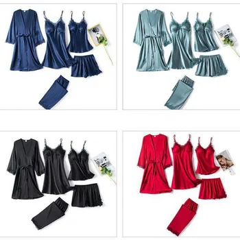 Pj ' s Satin Fuld Slip-Blonder Pyjamas Pour Femme Hjem Tøj til Kvinder Satin Nattøj Sove Sæt V-Hals Intime Lingeri Kimono Robe