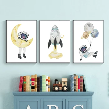 Plads Astronaut Planet Raket Til Månen Børnehave Væg Kunst, Lærred Maleri Nordiske Plakater Og Prints Væg Billeder Baby Kids Room Decor