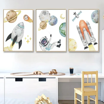 Plads Astronaut Planet Raket Til Månen Børnehave Væg Kunst, Lærred Maleri Nordiske Plakater Og Prints Væg Billeder Baby Kids Room Decor