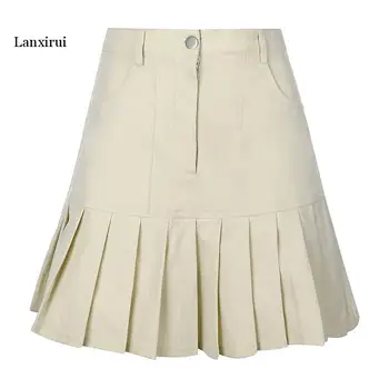 Plisseret Højtaljede A-Line Mini-Nederdele Kvinder Khaki Streetwear Sommer Nederdel Kvinde Casulal Solid Nederdele Womens Club