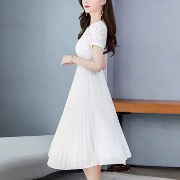 Plisseret koreanske High Waist Dress Kvindelige 2021 Sommeren Nye Mid-Længde Chiffon Fashion Slank Kjole O-Hals, Korte Ærmer Vestidos zh744