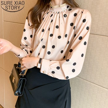 Plisseret Mode-Polka Dot Print Chiffon Blosue Kvinder Shirt Nye Forår Stå Krave Toppe Tøj Perlebesat Langærmet Bluse 13095
