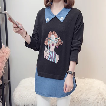 Plus Size Kvinder Foråret Efteråret Demin Patchwork-Shirt koreanske Top Female Paillet Pige Beaded langærmet Falske To-stykke Bluse