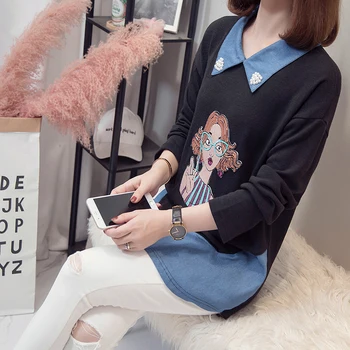 Plus Size Kvinder Foråret Efteråret Demin Patchwork-Shirt koreanske Top Female Paillet Pige Beaded langærmet Falske To-stykke Bluse